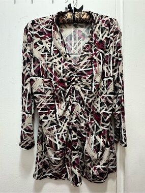 Alfani Abstract Print Ruched V-Neck Long Top - Cream, Black & Burgundy